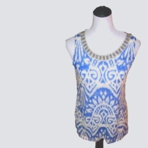 Inc Blue/White Embellished Neckline Patterned Sleeveless Blouse Size Medium